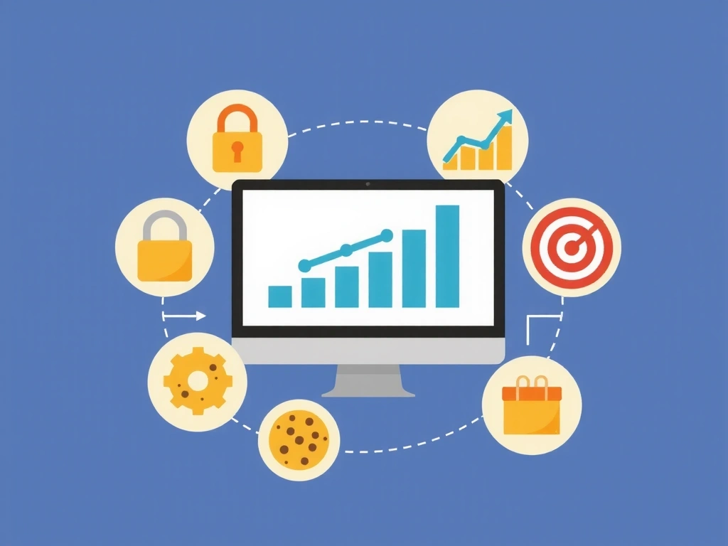 Komputer z ikonami różnych typów plików cookie wokół ekranu.