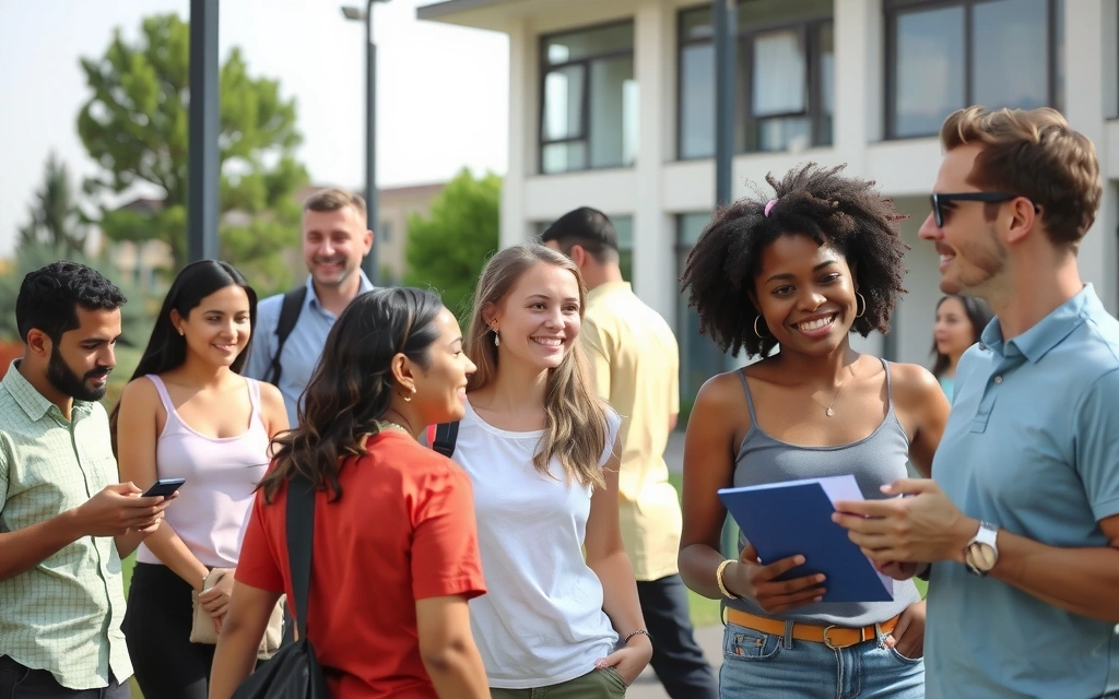 Wesoła grupa ludzi śmiejących się i rozmawiających, symbolizująca społeczność