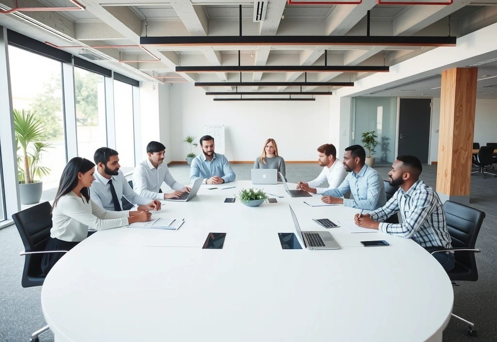 Zespół ludzi współpracujących przy dużym stole, symbolizujący wspólną misję