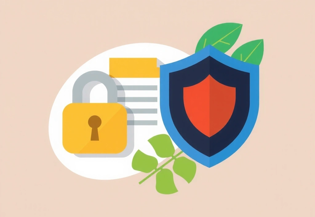 Ilustracja przedstawiająca cyfrowe prawa autorskie i ochronę danych, z ikonami kłódki, dokumentów i tarczy, w tle naturalne elementy roślinne.